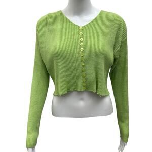 VTG Delores Bell Sz M Lime Green Ribbed Ramie Blend Cropped Long Sleeve Top Y2K